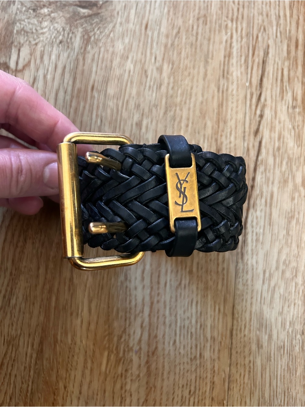 Yves Saint Laurent Black Braided Leather Belt with Gold YSL Hardware Bracelet